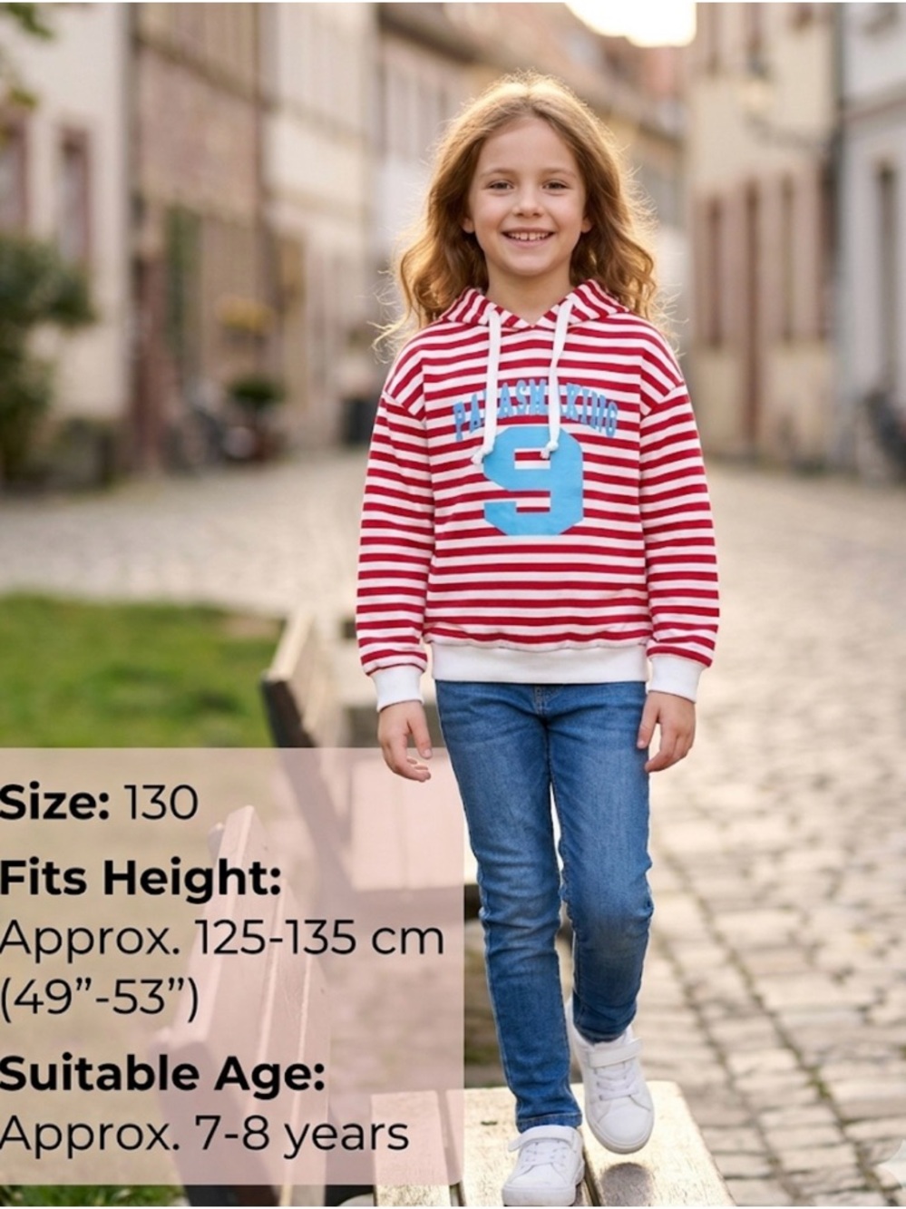 Kids' Red & White Striped Hoodie with Blue Number Graphic